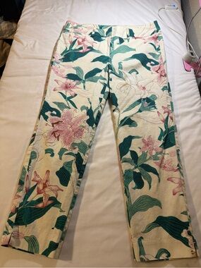 Women’s Floral Print Cream Pants with Green & Pink Accents